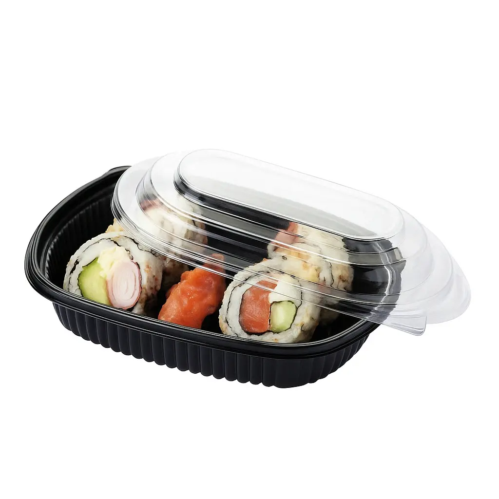 Bandeja plastica descartable cotnyl sushi negra c/tapa x100 u.